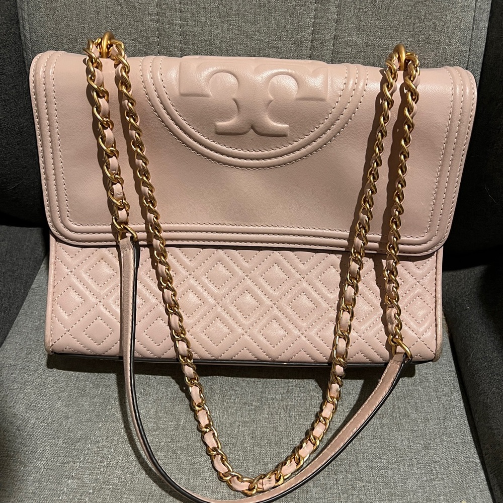 Tory Burch Blush Quilted Shoulder Bag with Gold Chain